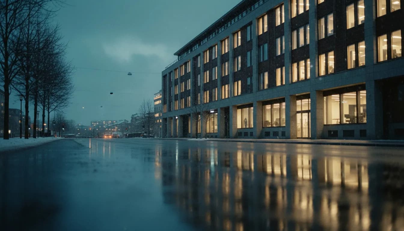 Kontorsbyggnad i skymning med tända fönster