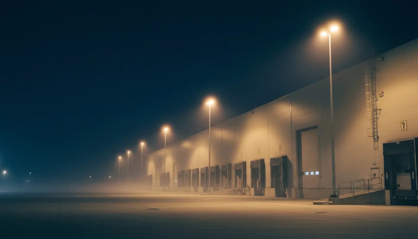 Logistikterminal i natt och dimma, lastportarna stängda och belysningen på